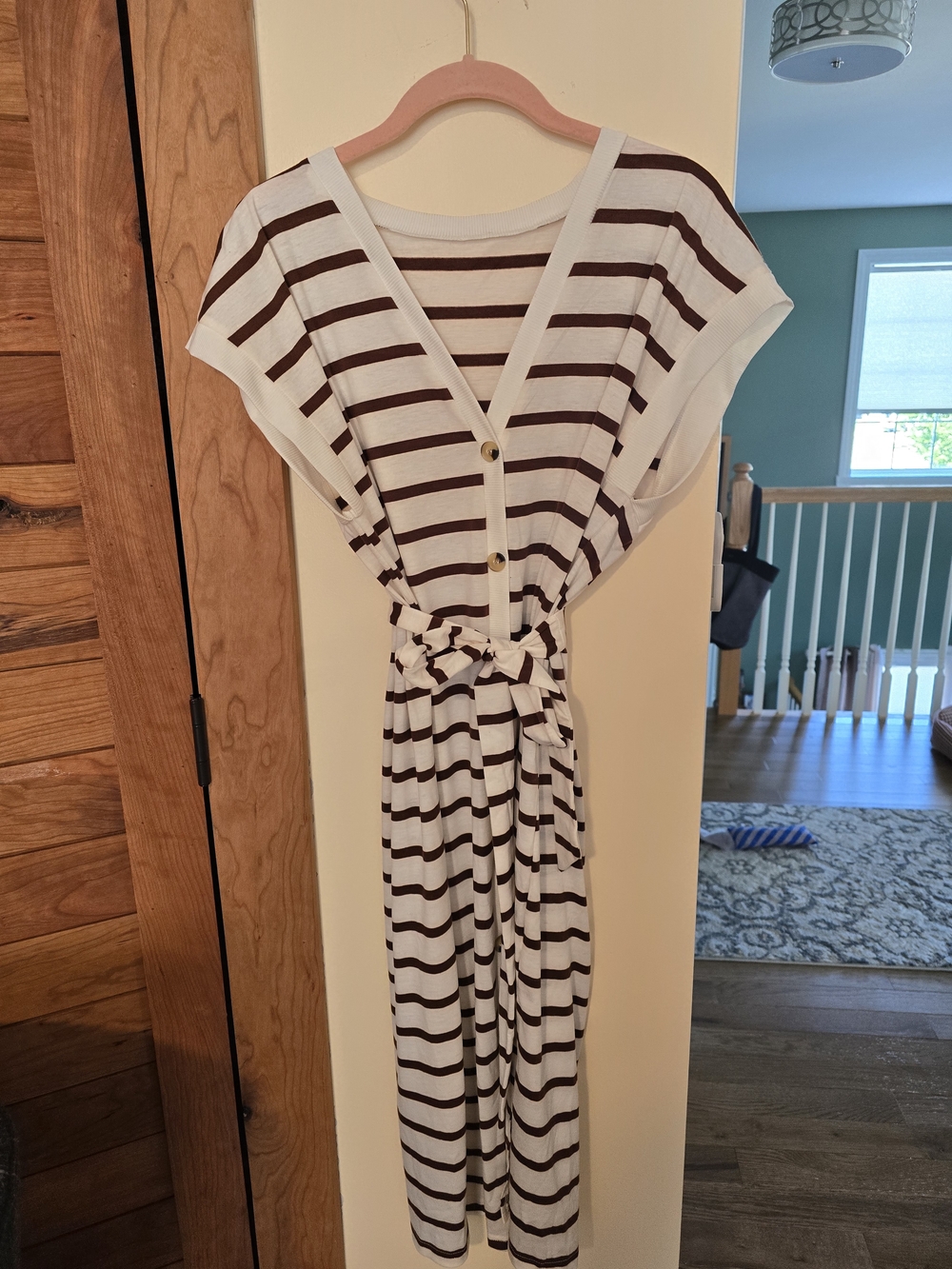 SHEIN Striped V-Neck Belted Midi Dress - White & Brown